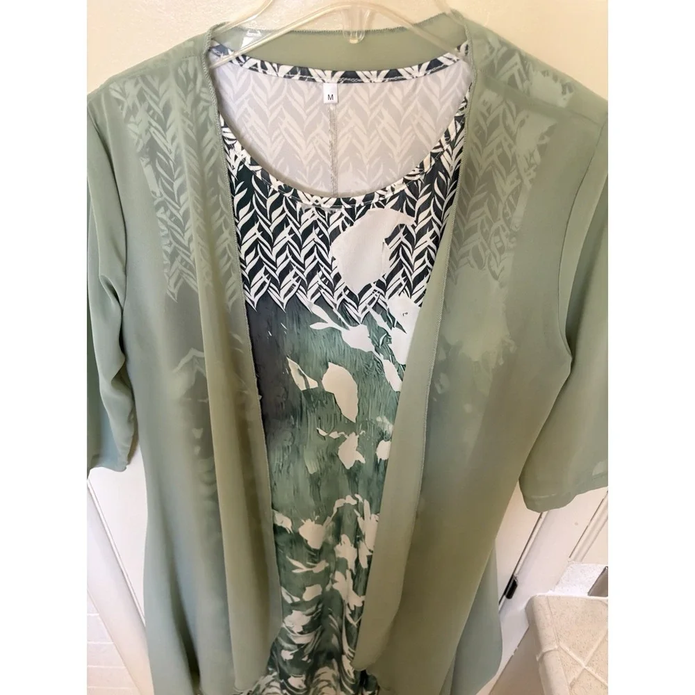 2 Pc Womens Dress Set Medium Green‎ Floral Midi Maxi Dress Sheer Overlay Jacket